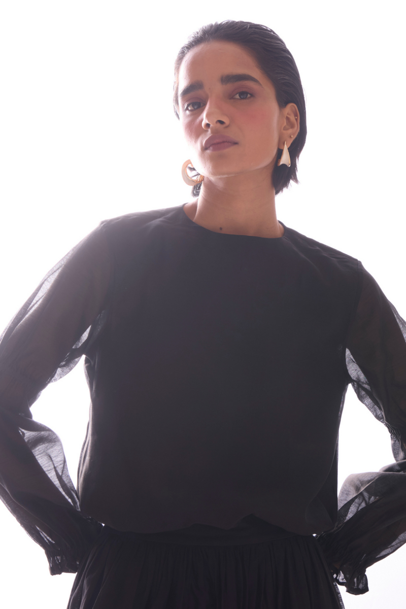 Atlas Black Handwoven Top chanderi by The Summer House in black color for women Worldwide