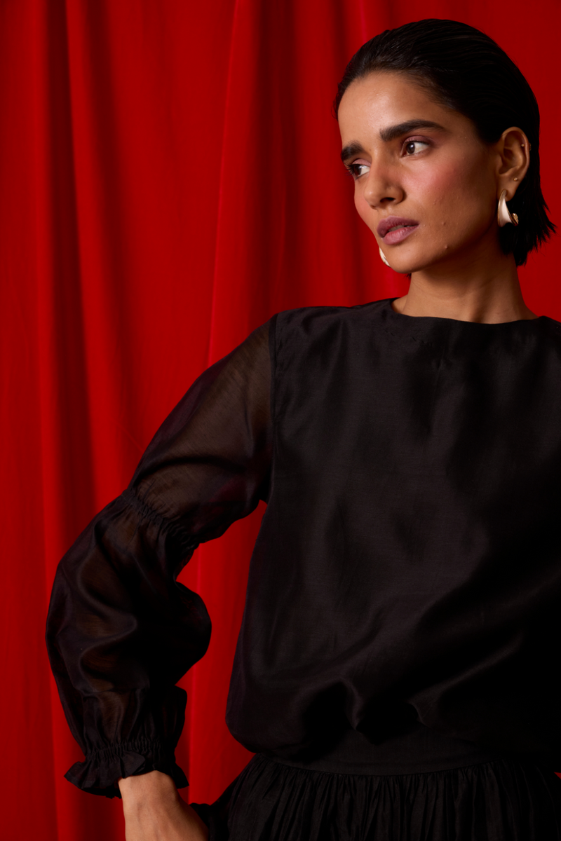 Atlas Black Handwoven Top chanderi by The Summer House in black color for women Worldwide