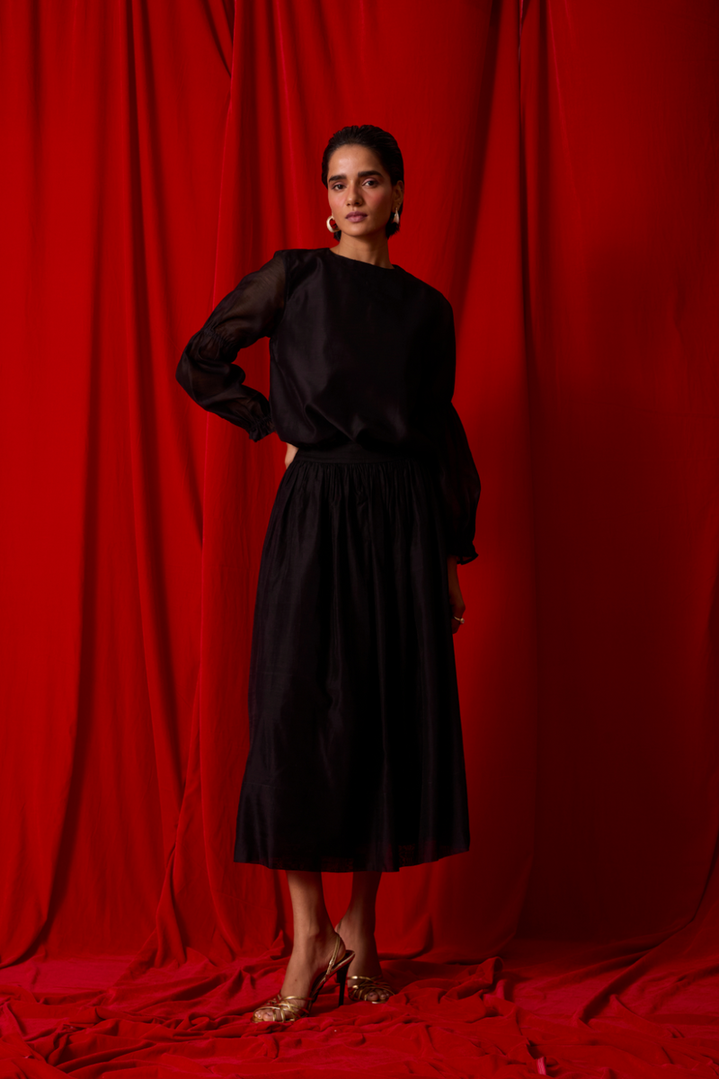 Atlas Black Handwoven Top chanderi by The Summer House in black color for women Worldwide