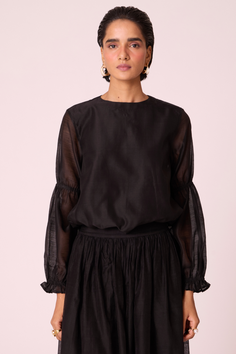 Atlas Black Handwoven Top chanderi by The Summer House in black color for women Worldwide