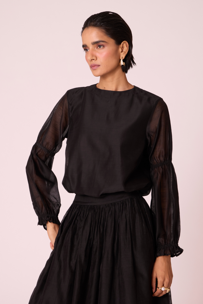 Atlas Black Handwoven Top chanderi by The Summer House in black color for women Worldwide