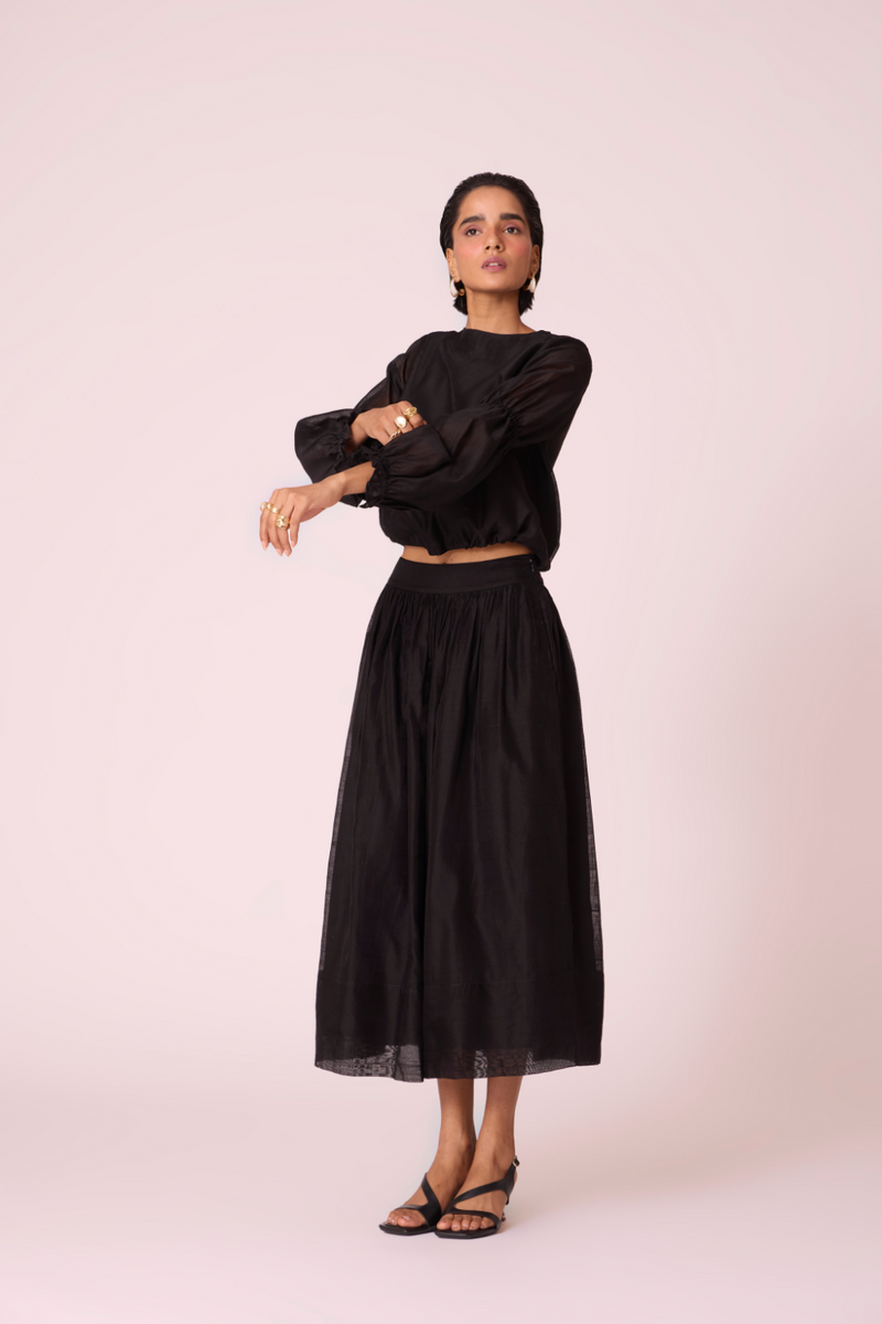 Atlas Black Handwoven Top chanderi by The Summer House in black color for women Worldwide