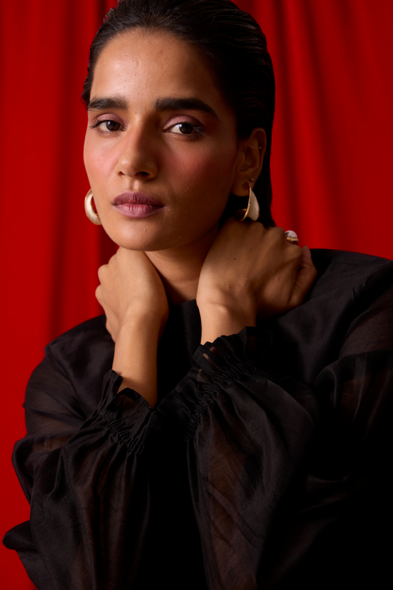 Atlas Black Handwoven Top chanderi by The Summer House in black color for women Worldwide