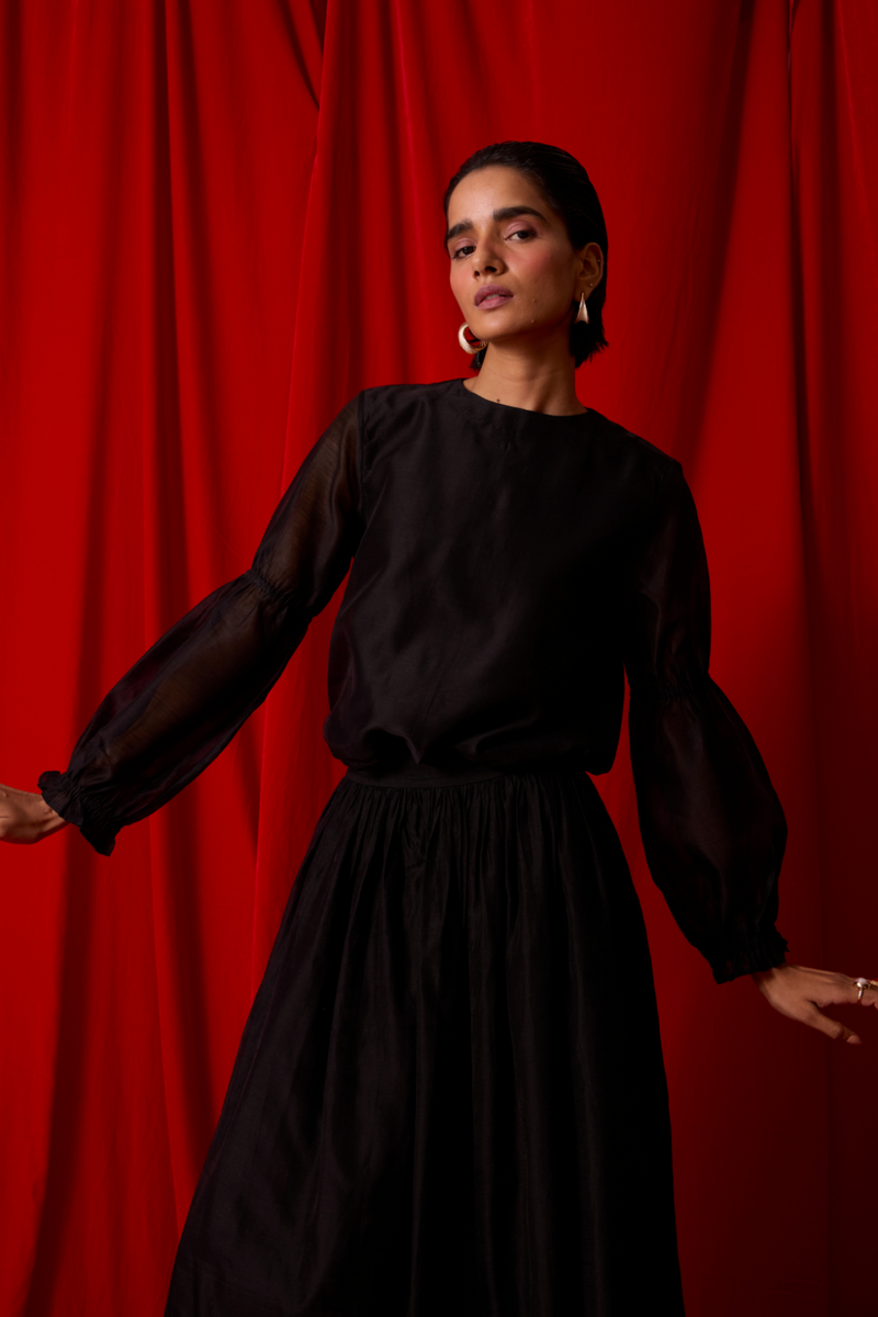 Atlas Black Handwoven Top chanderi by The Summer House in black color for women Worldwide