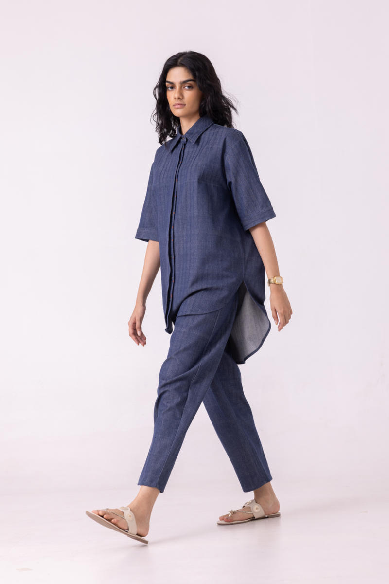 Ava Blue Handwoven Denim Shirt cotton by The Summer House in blue color for women Worldwide