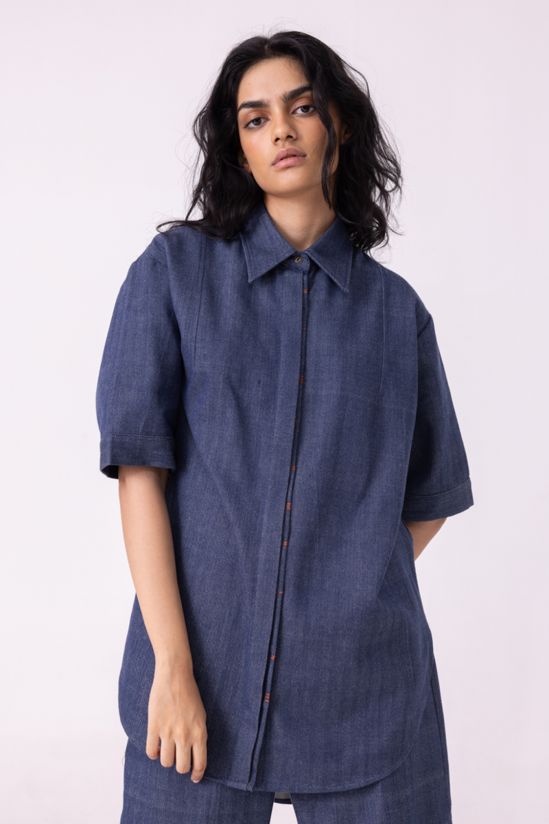 Ava Blue Handwoven Denim Shirt cotton by The Summer House in blue color for women Worldwide