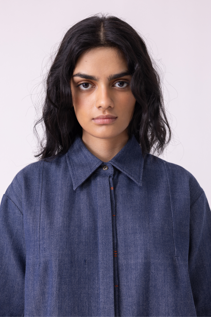 Ava Blue Handwoven Denim Shirt cotton by The Summer House in blue color for women Worldwide