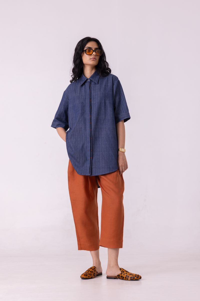 Ava Blue Handwoven Denim Shirt cotton by The Summer House in blue color for women Worldwide