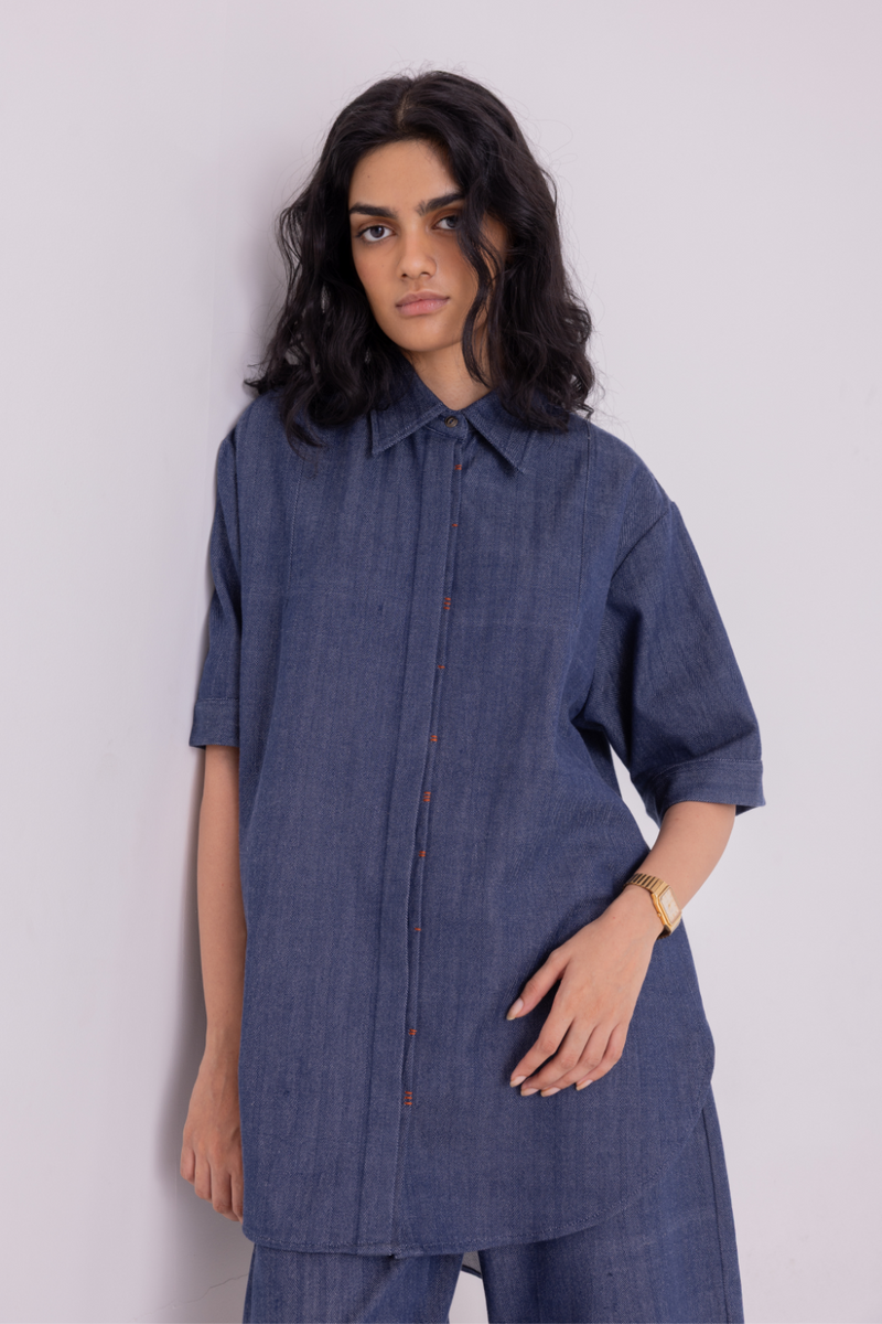 Ava Blue Handwoven Denim Shirt cotton by The Summer House in blue color for women Worldwide