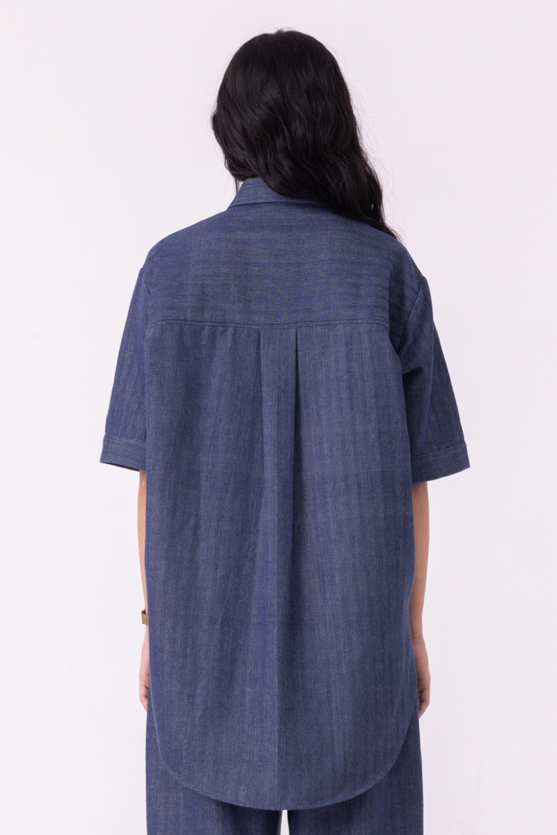 Ava Blue Handwoven Denim Shirt cotton by The Summer House in blue color for women Worldwide