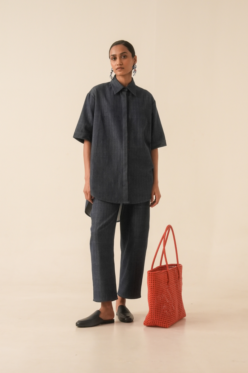Ava Blue Handwoven Denim Shirt cotton by The Summer House in blue color for women Worldwide