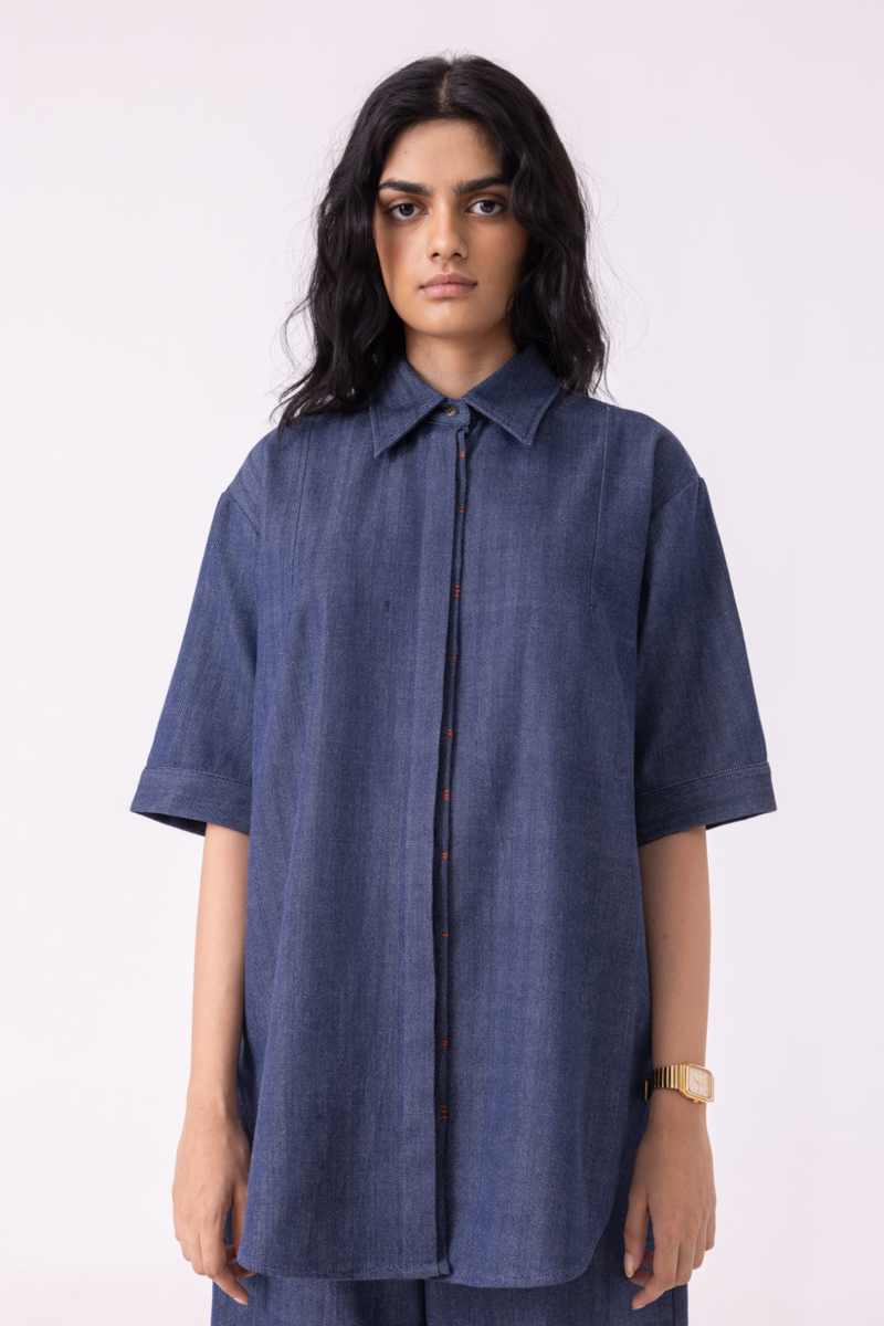 Ava Blue Handwoven Denim Shirt cotton by The Summer House in blue color for women Worldwide