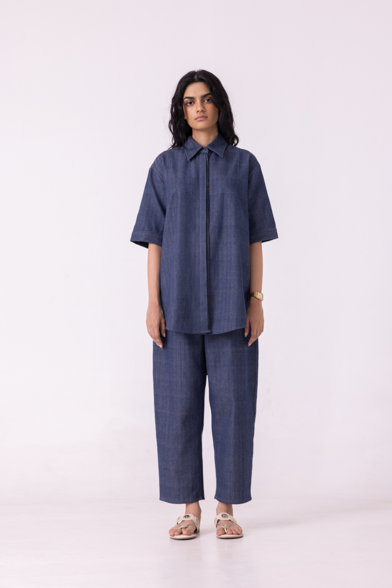 Ava Blue Handwoven Denim Shirt cotton by The Summer House in blue color for women Worldwide