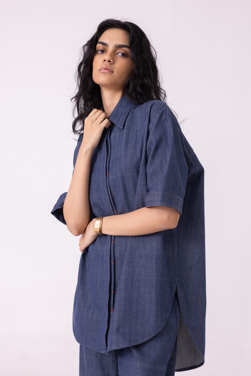 Ava Blue Handwoven Denim Shirt cotton by The Summer House in blue color for women Worldwide