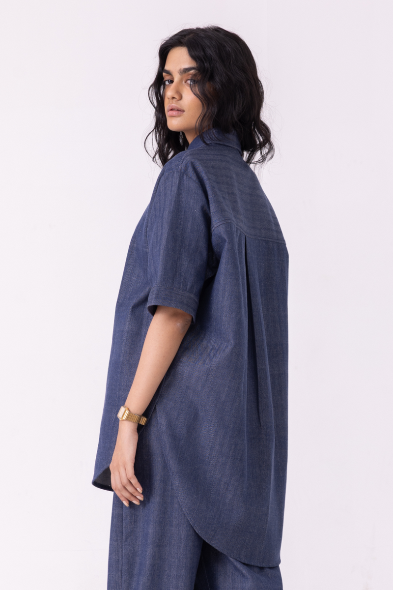 Ava Blue Handwoven Denim Shirt cotton by The Summer House in blue color for women Worldwide