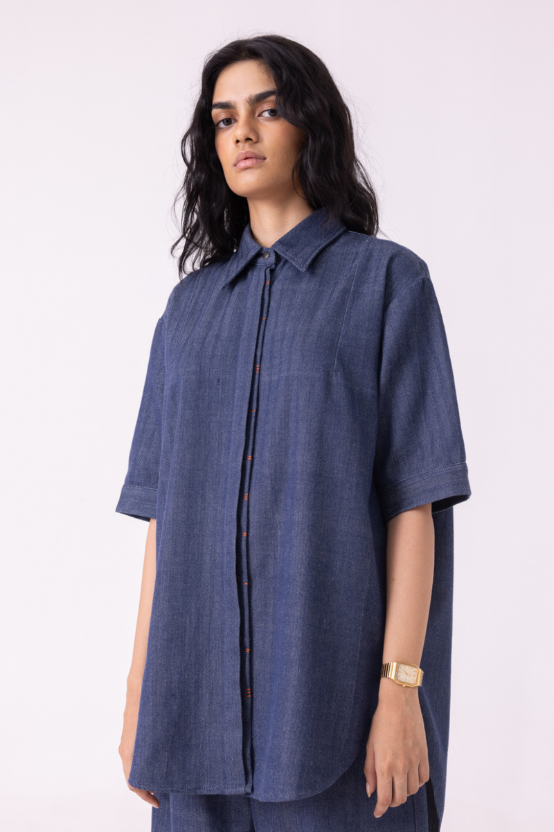 Ava Blue Handwoven Denim Shirt cotton by The Summer House in blue color for women Worldwide