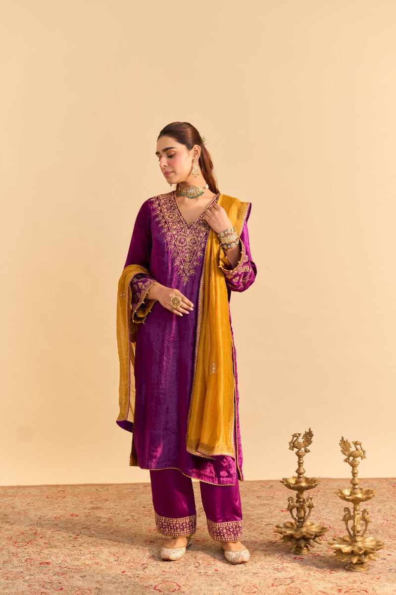 Aynaz - Deep Purple Kurta with Salwar and Dupatta by SHEETAL BATRA for women Worldwide