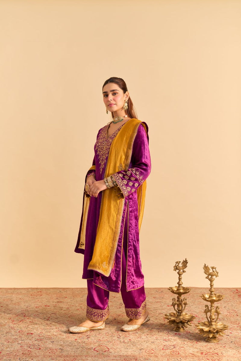 Aynaz - Deep Purple Kurta with Salwar and Dupatta by SHEETAL BATRA for women Worldwide