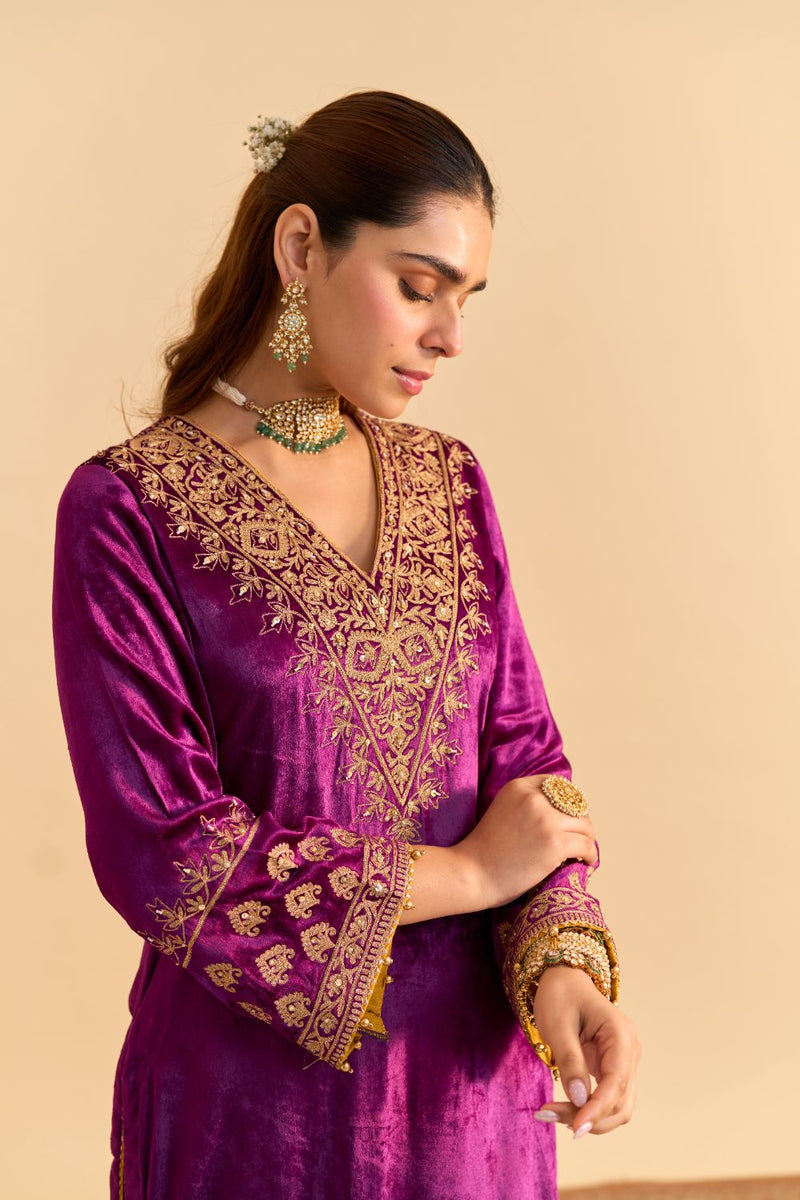 Aynaz - Deep Purple Kurta with Salwar and Dupatta by SHEETAL BATRA for women Worldwide