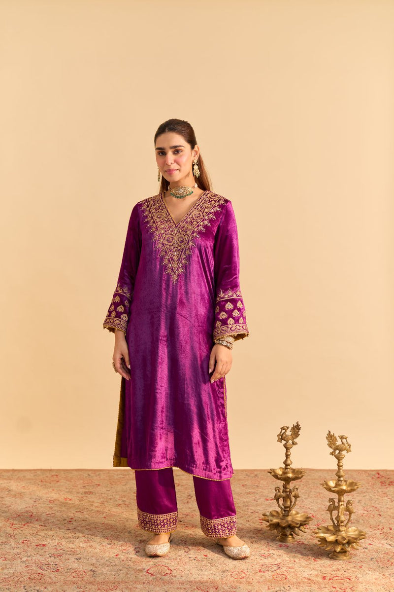 Aynaz - Deep Purple Kurta with Salwar and Dupatta by SHEETAL BATRA for women Worldwide