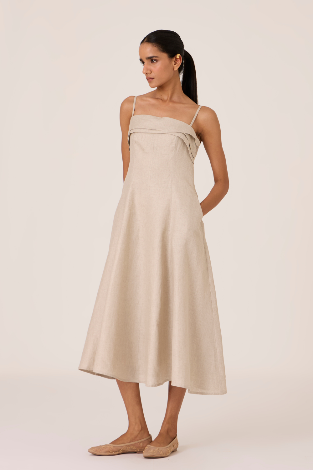 Azzah Beige Strappy Midi Dress