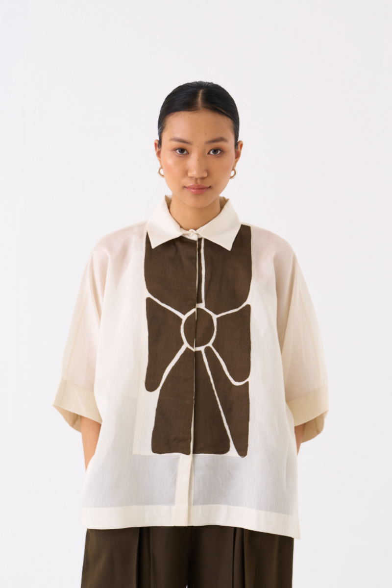 FLORAL APPLIQUE SHIRT-IVORY chanderi by THREE in ivory color for women Worldwide