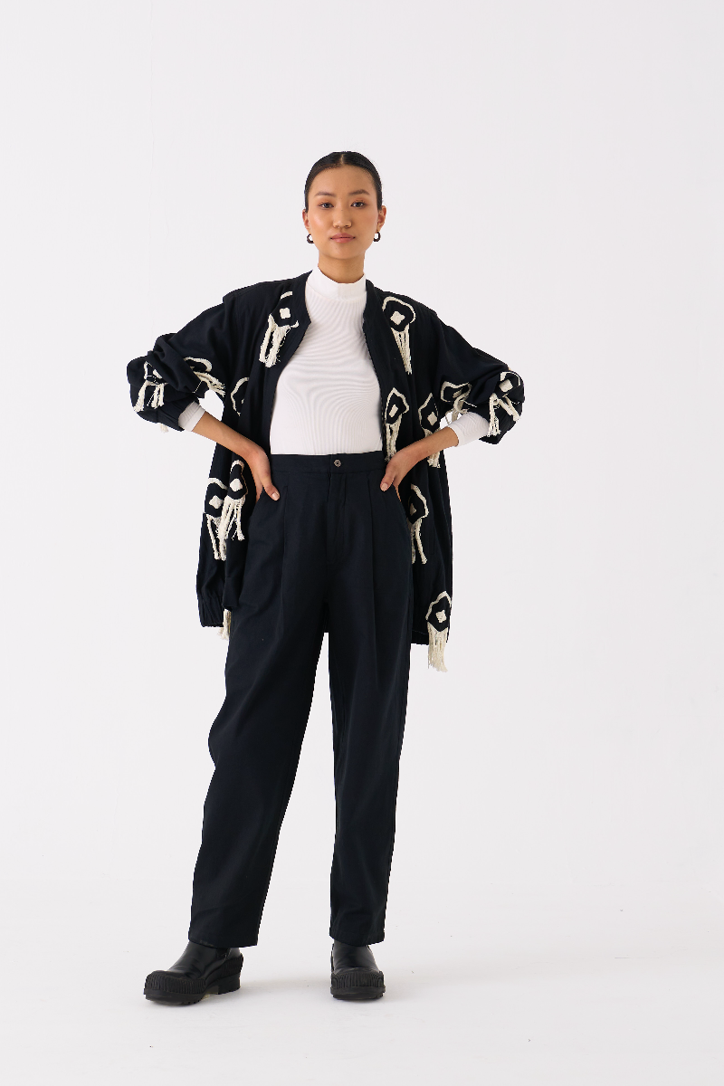 FRINGE BOMBER JACKET CO-ORD 
(SET OF 2)-BLACK by THREE in black color for women Worldwide