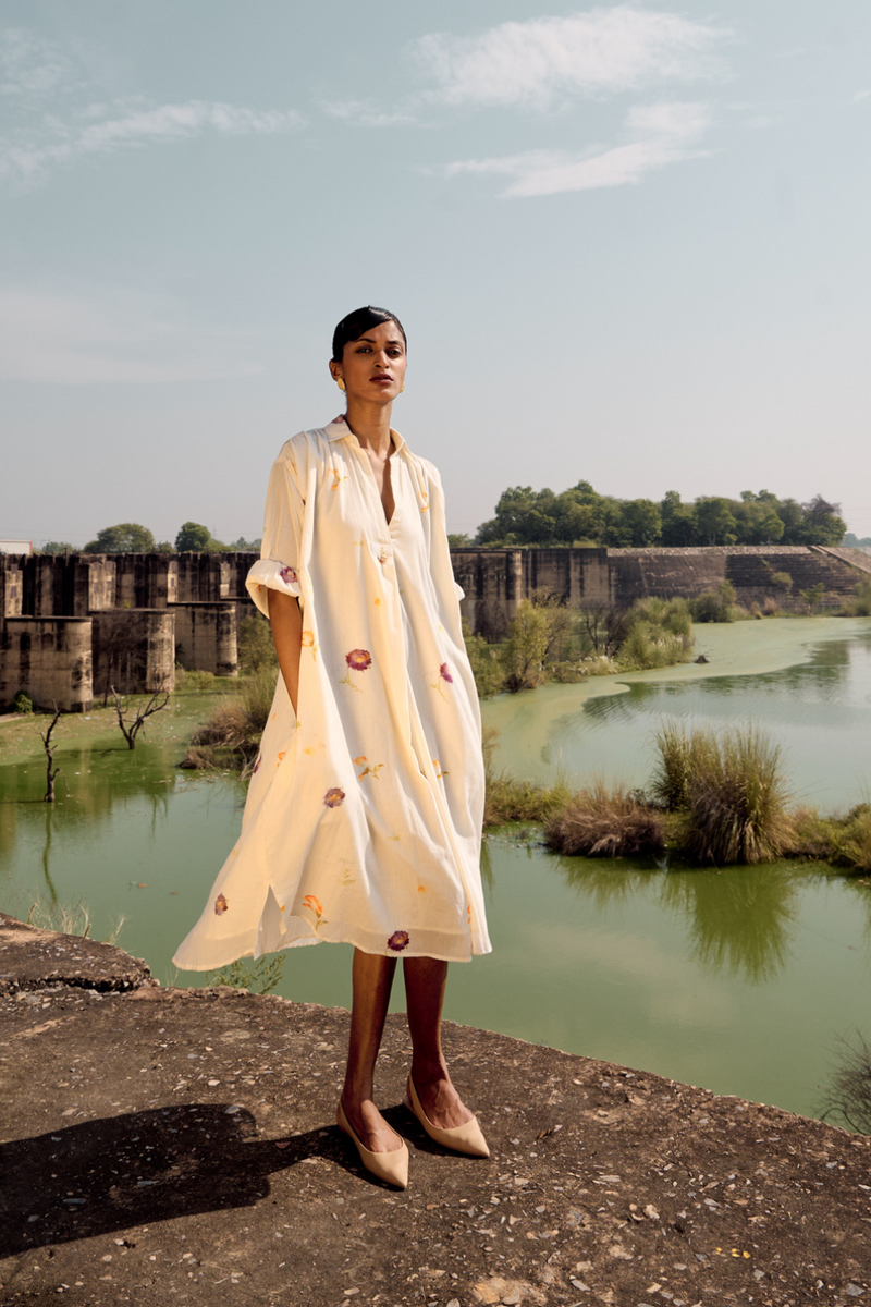 Dove shirt dress cotton by Khara Kapas in white for women Worldwide