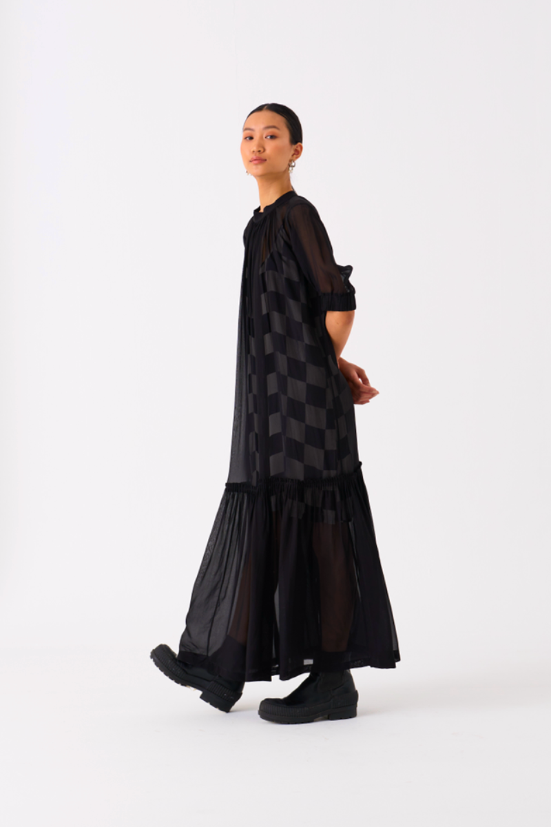 SHEER BOTTOM FRILL DRESS
-BLACK organza by THREE in black color for women Worldwide