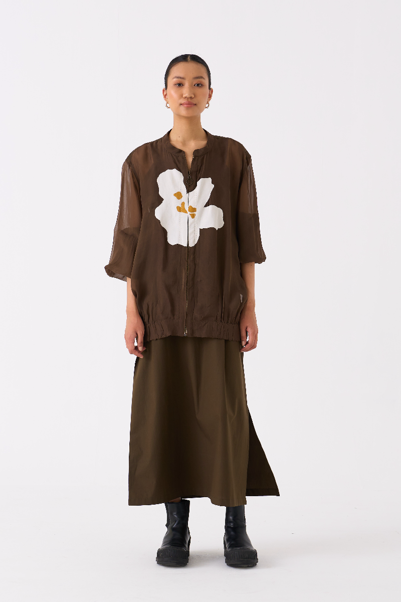 FLORAL APPLIQUE BOMBER JACKET-DARK OLIVE organza by THREE in olive color for women Worldwide
