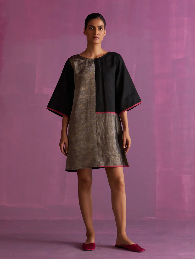 Ahana Metallic Linen Dress - Black linen by Manan in black color for women Worldwide