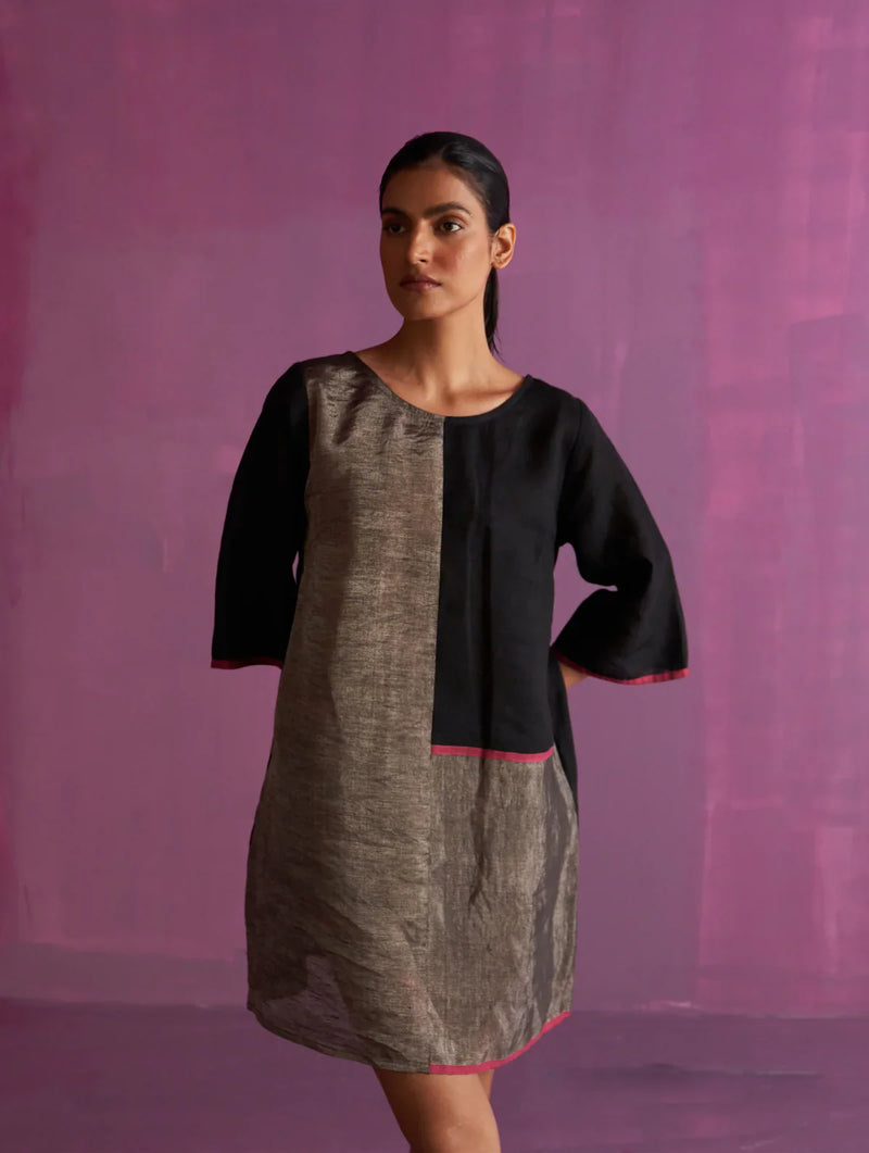 Ahana Metallic Linen Dress - Black linen by Manan in black color for women Worldwide