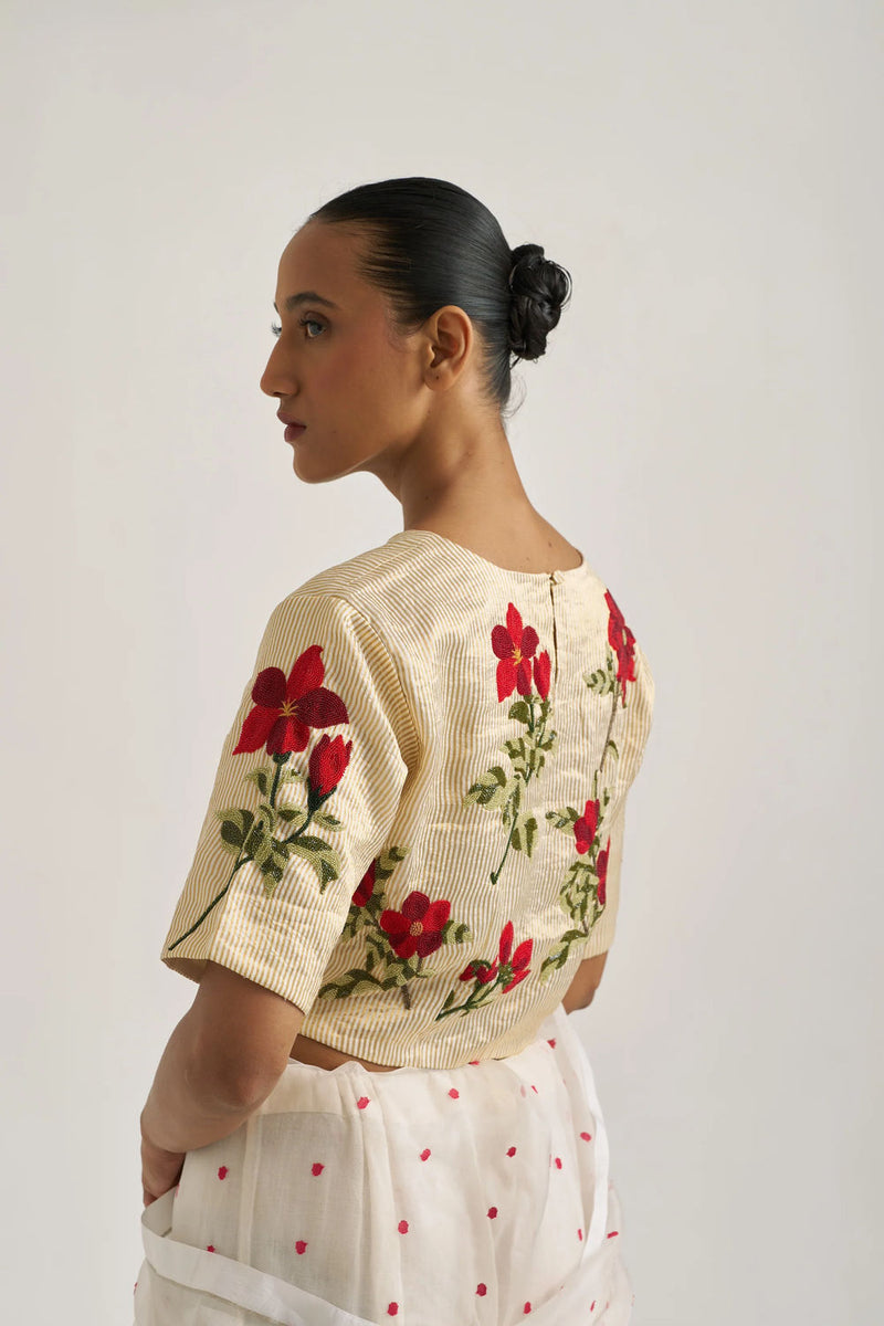 Bagaan Blouse-Gold silk zari by Suparna Som in gold for women Worldwide