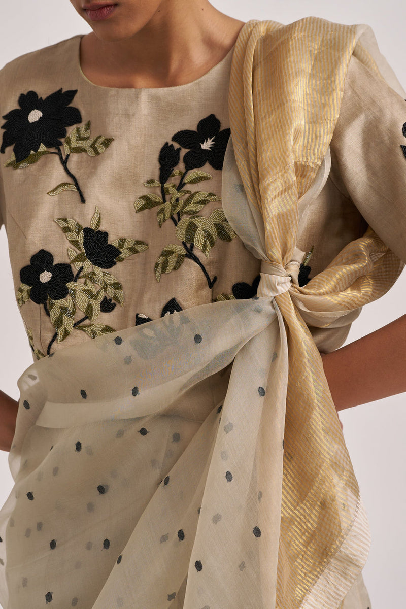 Bagaan Blouse-Khaki handwoven silk linen by Suparna Som in black for women Worldwide