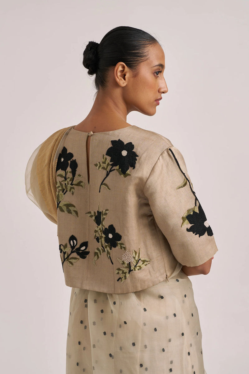 Bagaan Blouse-Khaki handwoven silk linen by Suparna Som in black for women Worldwide