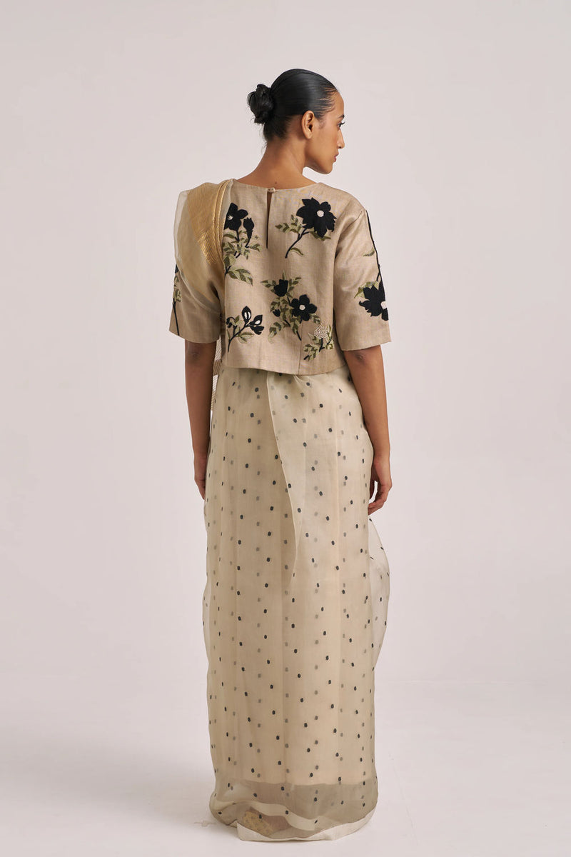 Bagaan Blouse-Khaki handwoven silk linen by Suparna Som in black for women Worldwide