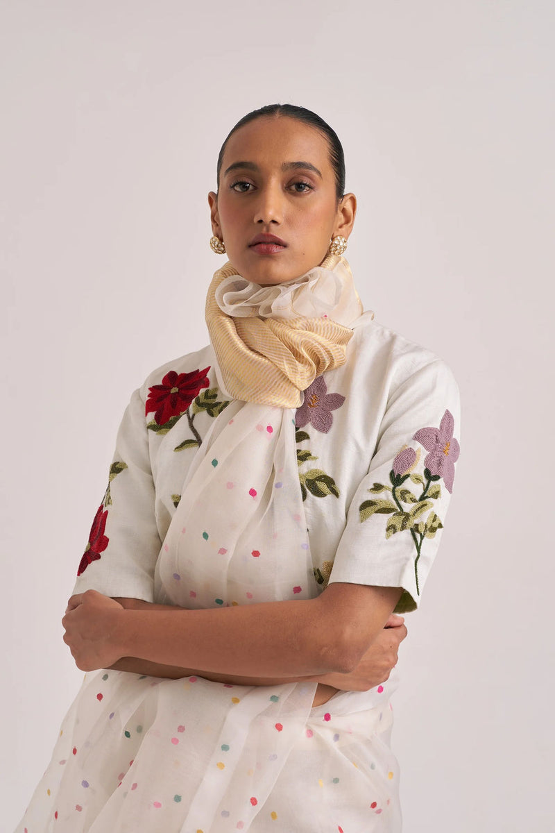 Bagaan Blouse-White handwoven silk linen by Suparna Som in white for women Worldwide