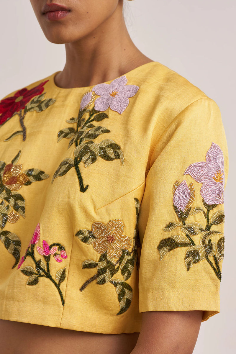 Bagaan Blouse-Yellow silk linen by Suparna Som in yellow for women Worldwide