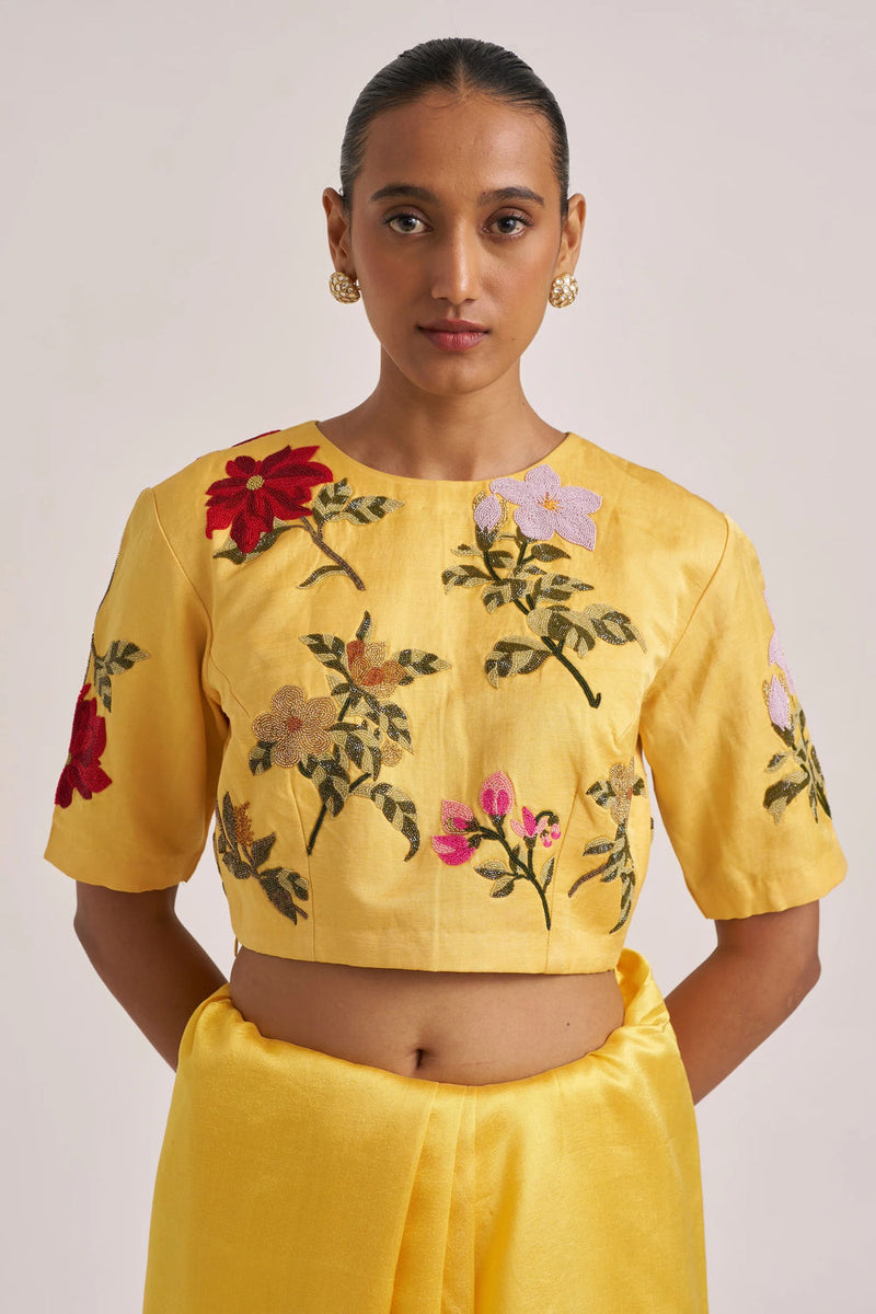 Bagaan Blouse-Yellow silk linen by Suparna Som in yellow for women Worldwide
