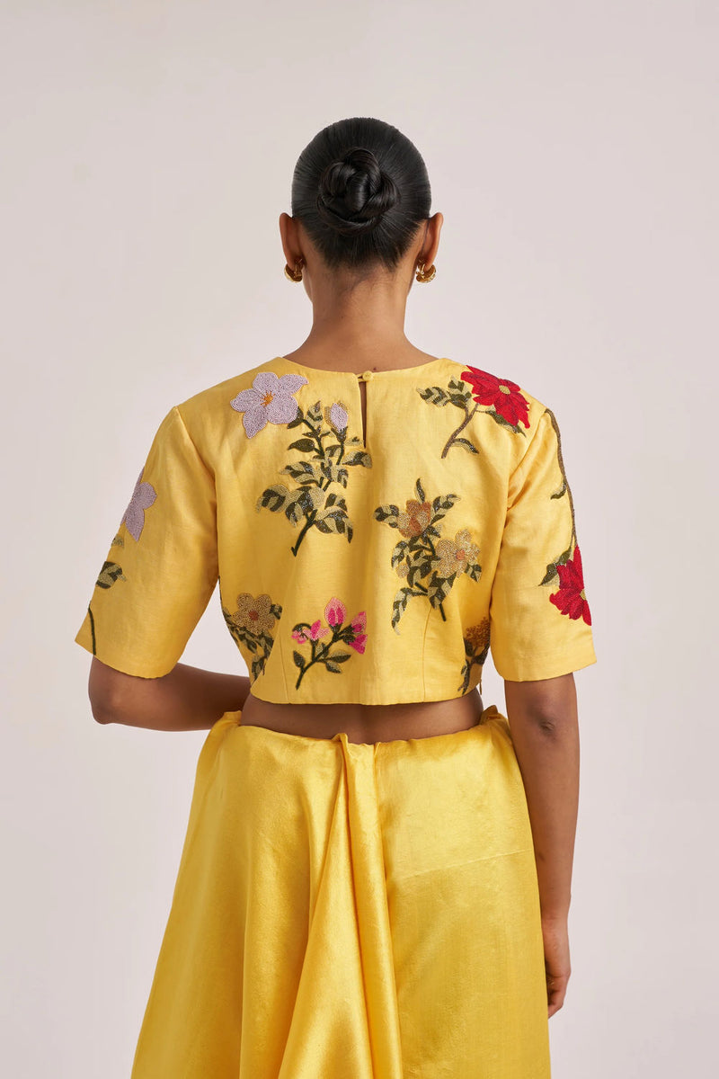 Bagaan Blouse-Yellow silk linen by Suparna Som in yellow for women Worldwide