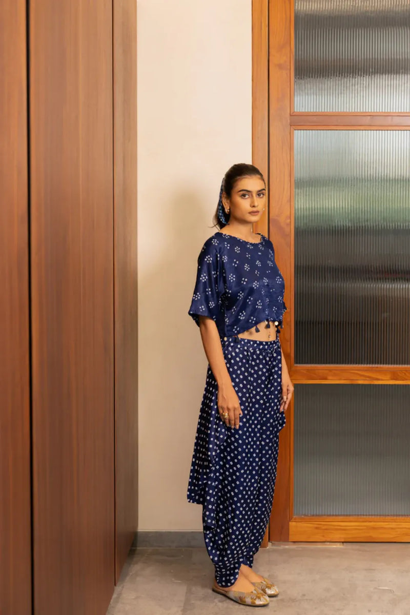BANDHANI WRAP DHOTI-NAVY BLUE silk by Dyelogue in blue color for women Worldwide