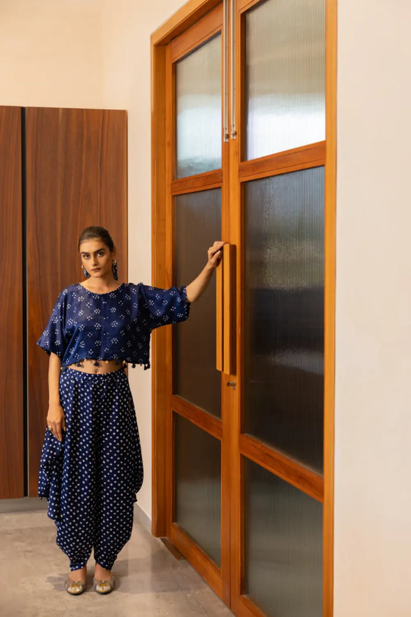 BANDHANI WRAP DHOTI-NAVY BLUE silk by Dyelogue in blue color for women Worldwide