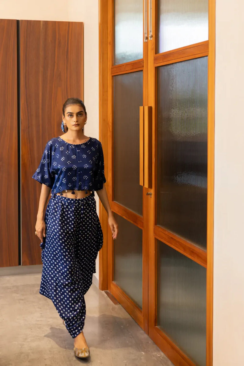 BANDHANI WRAP DHOTI-NAVY BLUE silk by Dyelogue in blue color for women Worldwide