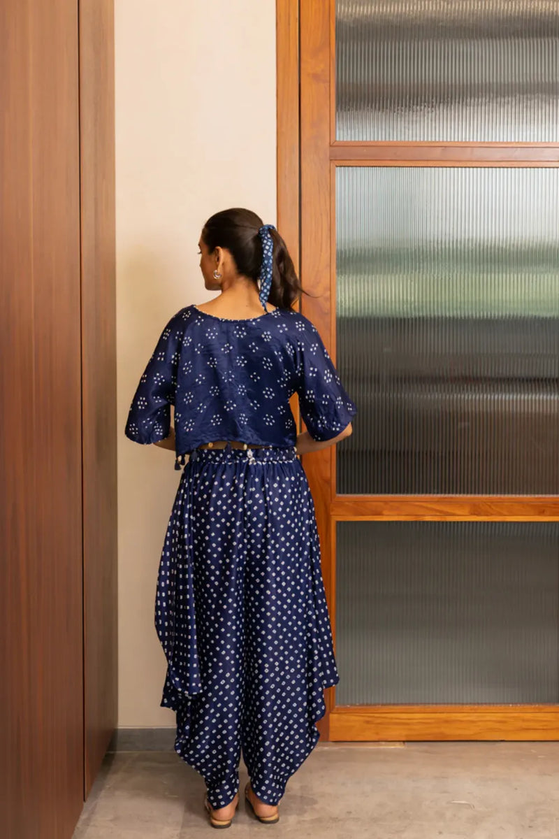 BANDHANI WRAP DHOTI-NAVY BLUE silk by Dyelogue in blue color for women Worldwide