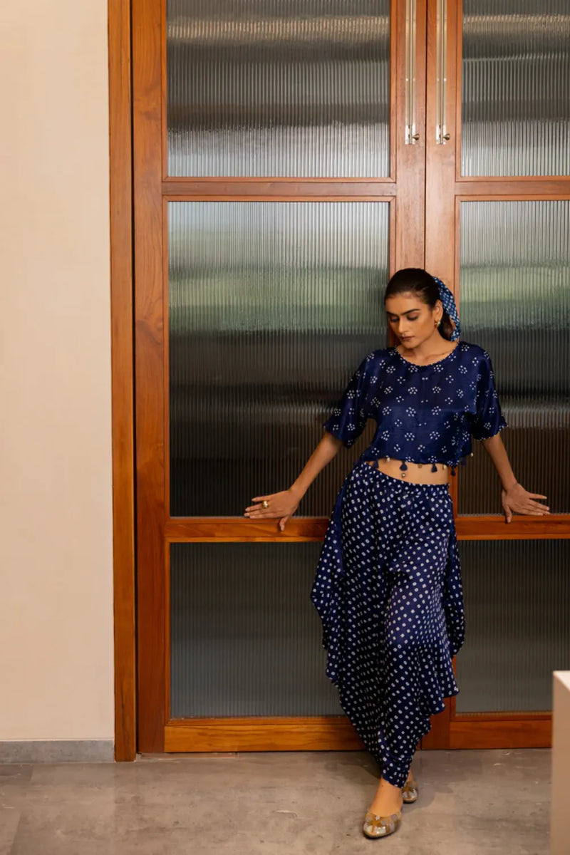 BANDHANI WRAP DHOTI-NAVY BLUE silk by Dyelogue in blue color for women Worldwide