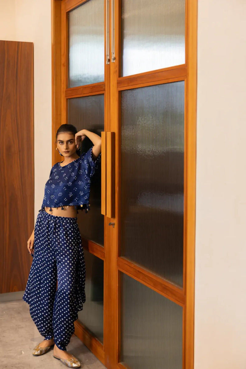 BANDHANI WRAP DHOTI-NAVY BLUE silk by Dyelogue in blue color for women Worldwide