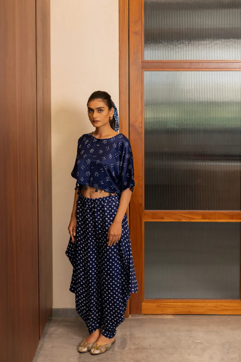 BANDHANI WRAP DHOTI-NAVY BLUE silk by Dyelogue in blue color for women Worldwide