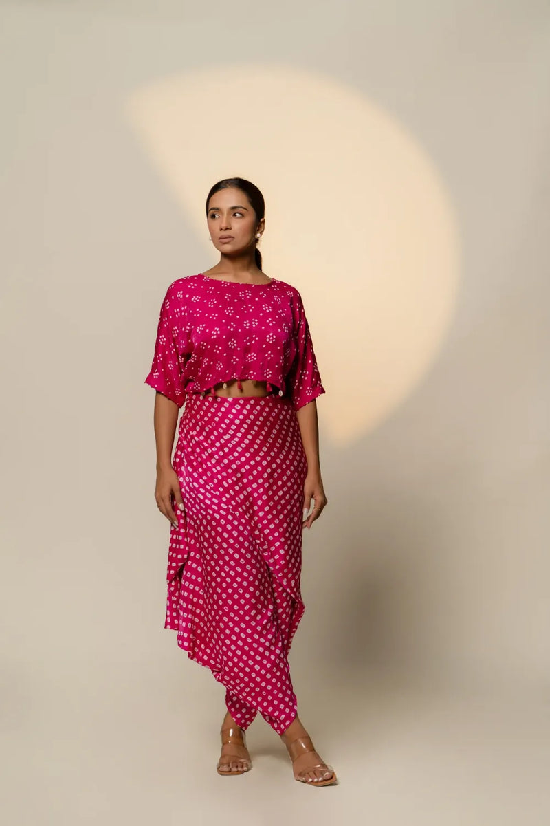 BANDHANI WRAP DHOTI-PINK silk by Dyelogue in pink color for women Worldwide