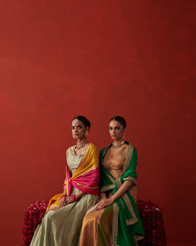 BANO & DILRUBA LEHENGA & BLOUSE silk by Rashika Mittal in mint color for women Worldwide