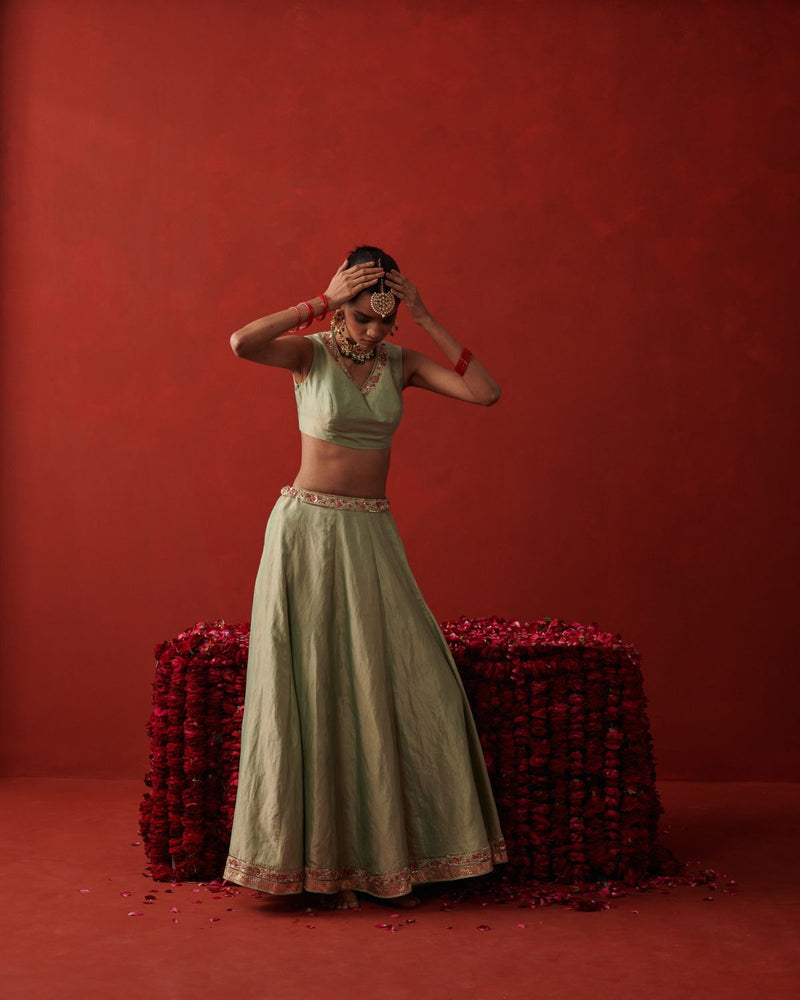 BANO & DILRUBA LEHENGA & BLOUSE silk by Rashika Mittal in mint color for women Worldwide